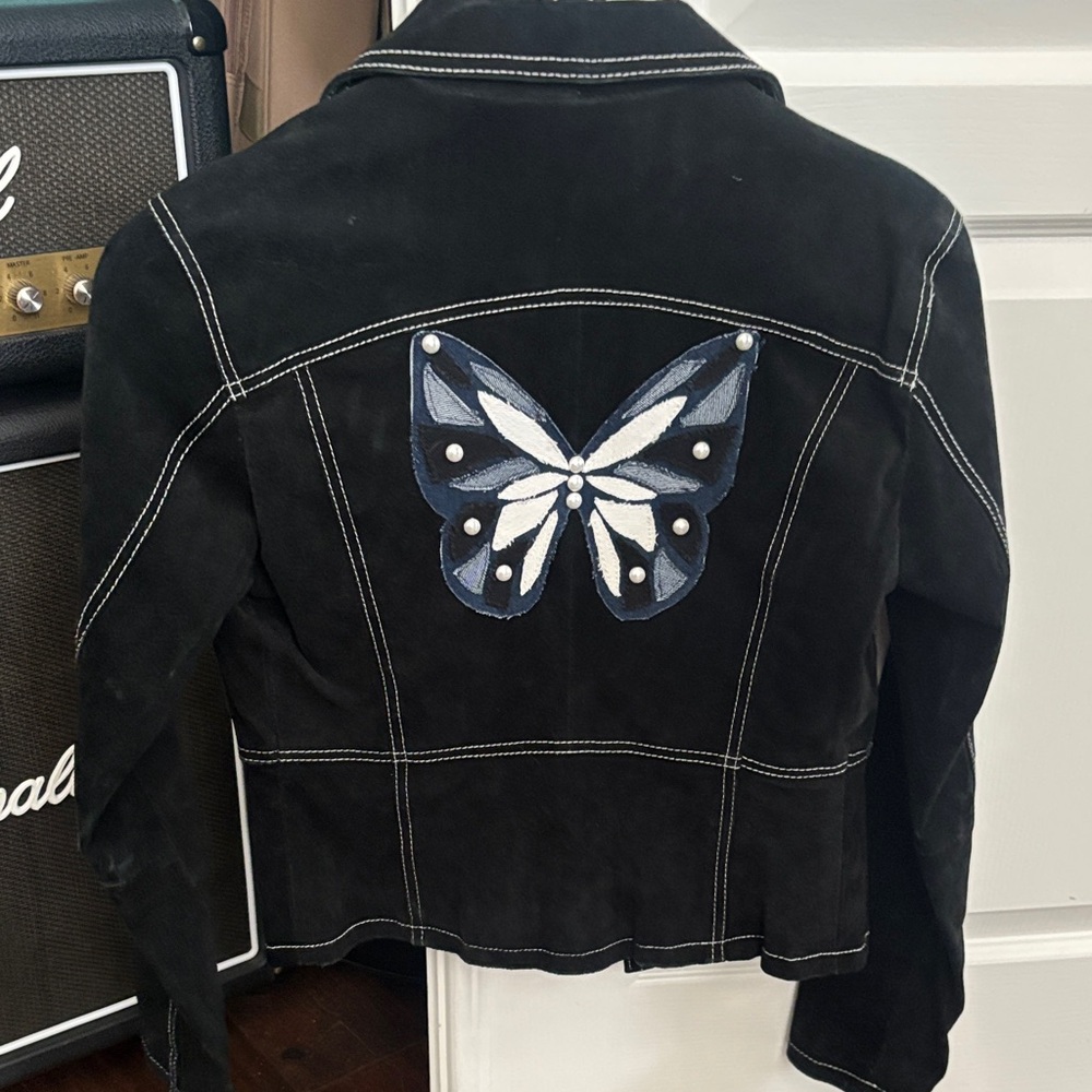 Vintage Wilson’s Black Leather Suede Jacket with Butterfly Design